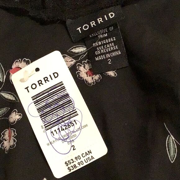 Torrid Black Floral Print Georgette Flowy Lace Trim Cami Tank Top - Picture 14 of 16